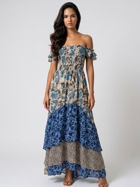 NWT Misa Los Angeles Blue Floral Patchwork Off-Shoulder Maxi Dress stretch XS
